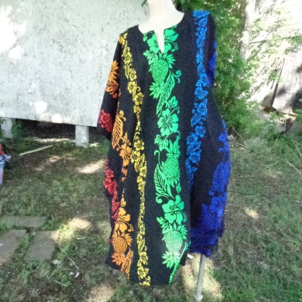 Nos Hawaiian Moo Moo Caftan Dress Oversized Polyester Colorful
